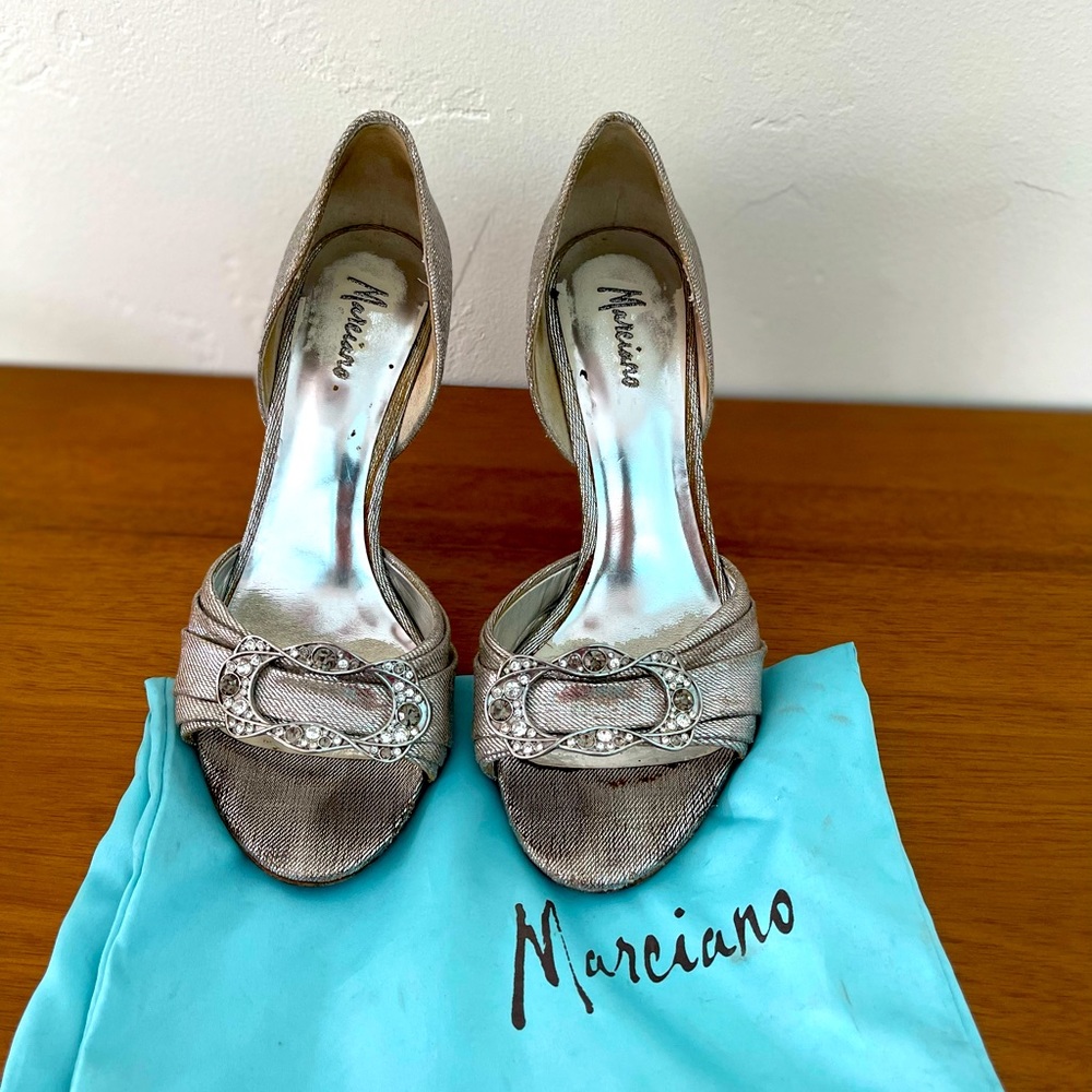 Marciano silver, jeweled pumps. Very worn, but so cute!